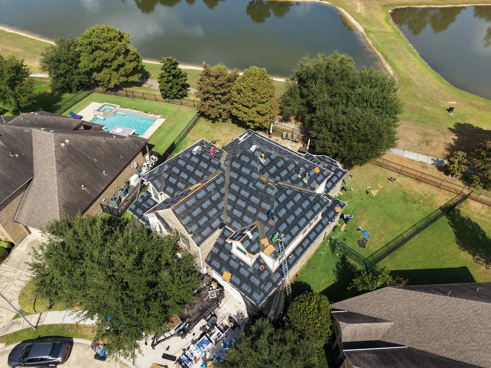 Roof replacement on a lakefront home
