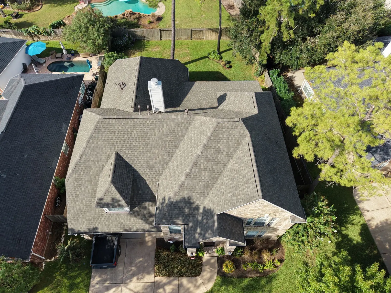 Finished hip roof, aerial view