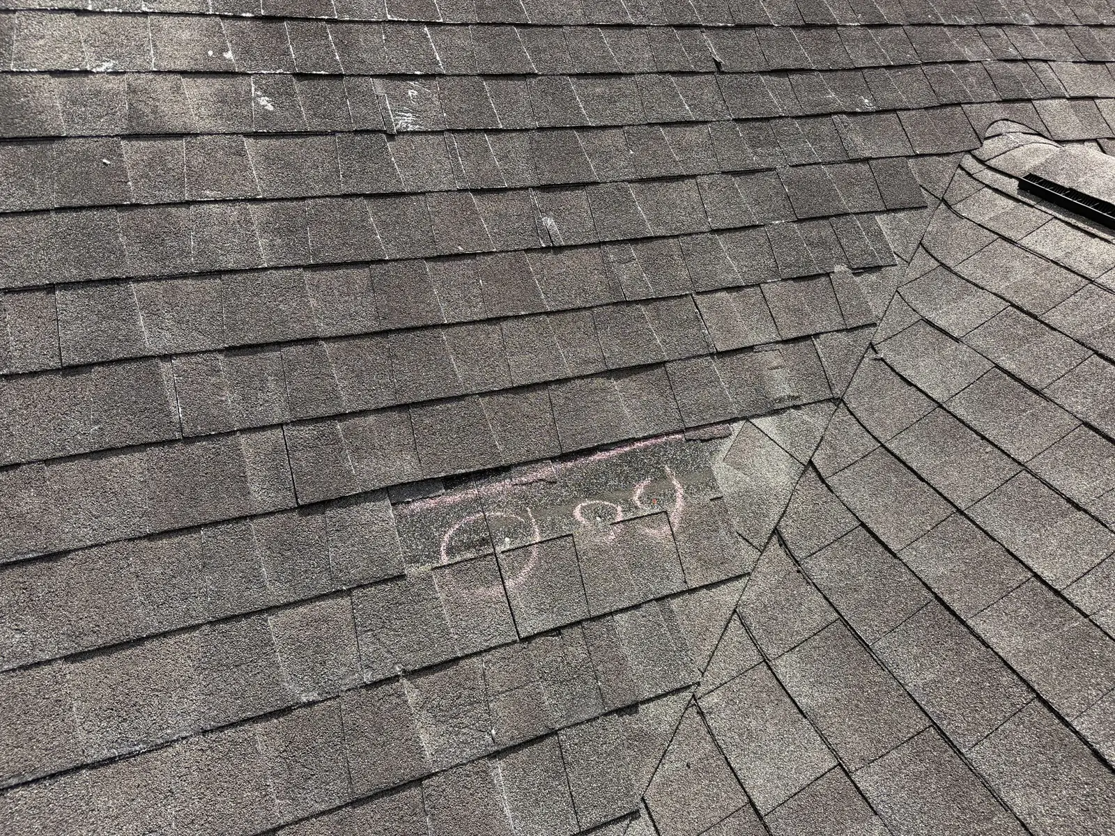 Hail hits circled on shingles for the adjuster