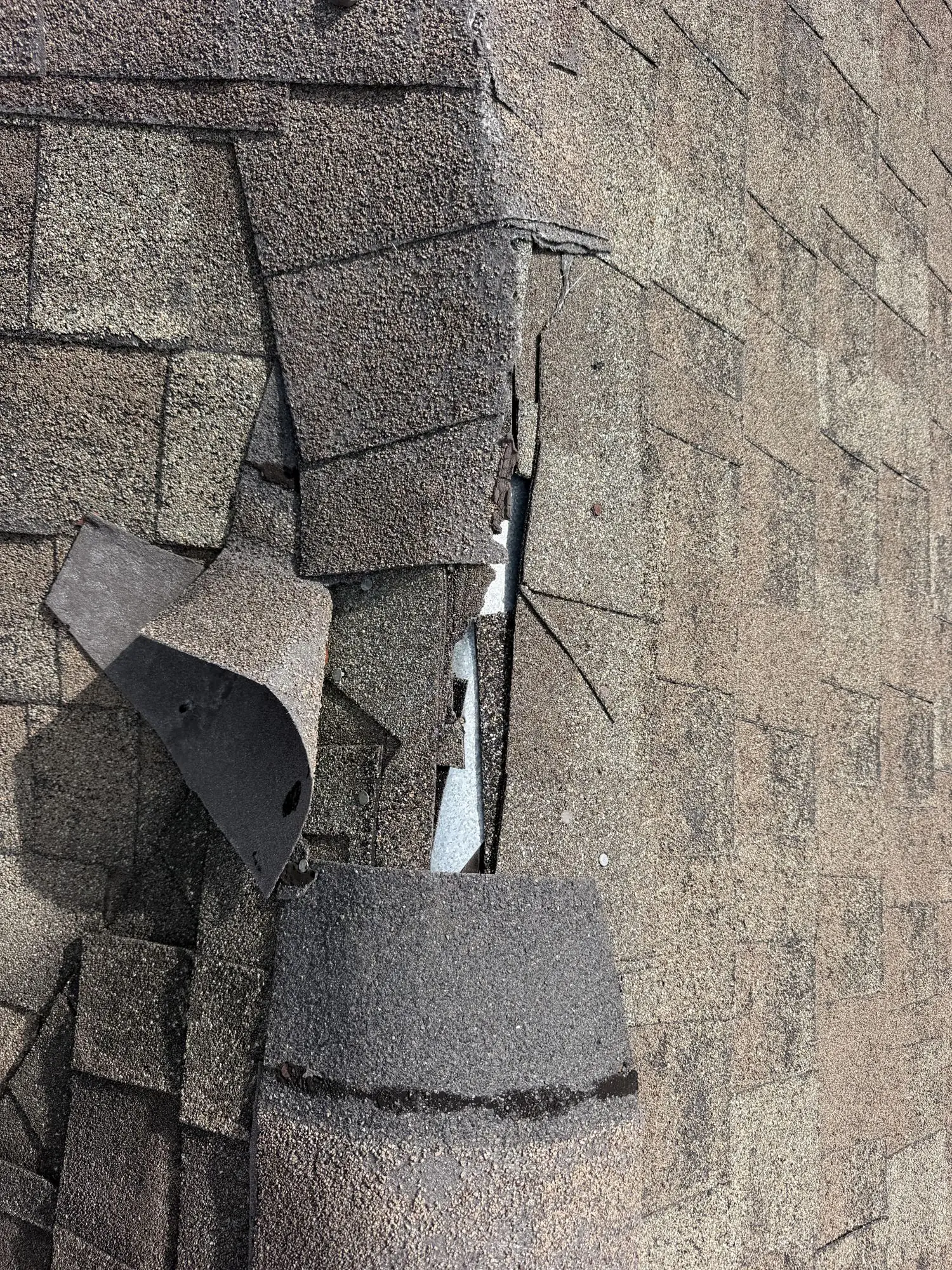 Lifted and torn shingles from wind
